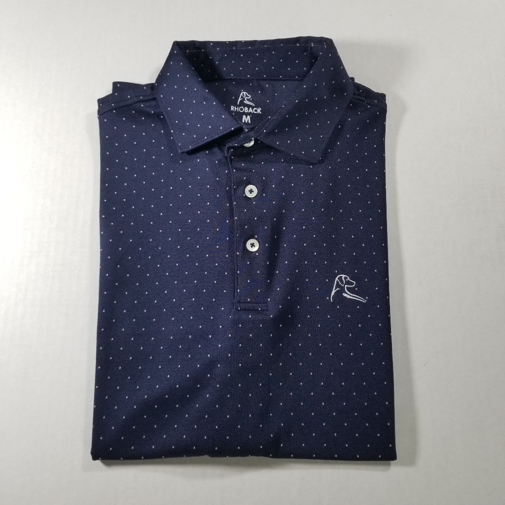 Rhoback Short Sleeve Golf Polo Shirt Mens Size Medium M Blue Polka Dot Dark Blue